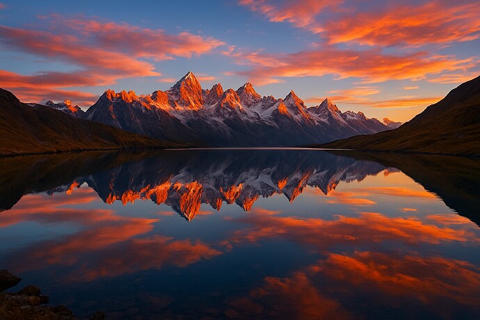 A range of snow-capped mountains is reflected perfectly in a calm lake under a dramatic orange and blue sunset sky. (Captioned by AI)