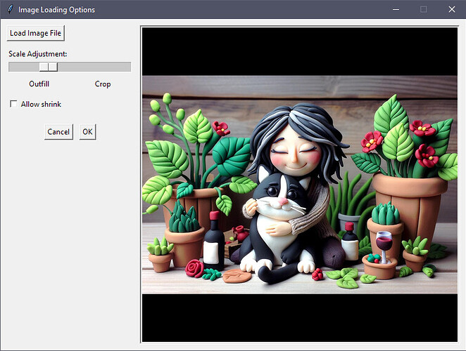A colorful clay figure of a person hugging a cat is surrounded by potted plants, flowers, and bottles, all set against a wooden background. (Captioned by AI)