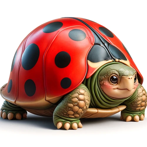 A cute hybrid creature combines features of a turtle and a ladybug, with a turtle's body and a ladybug-patterned shell. (Captioned by AI)