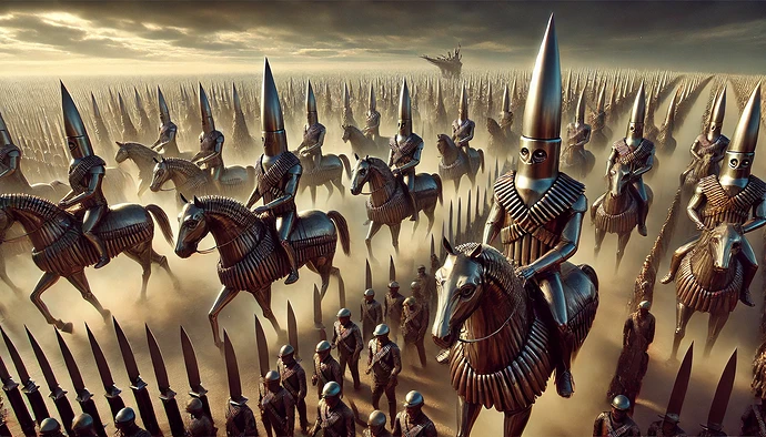 A surreal army of armored soldiers and horses wearing conical helmets advances with towering spears amidst a foggy battlefield. (Captioned by AI)