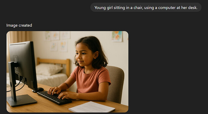 A young girl is sitting at a desk using a computer in a cozy, well-lit room with drawings on the wall and a bed in the background. (Captioned by AI)