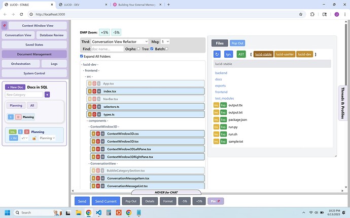 This image shows a desktop screenshot of a web-based development environment or file explorer, displaying project directories, source files, and interface controls for managing documents, state, and system operations. (Captioned by AI)