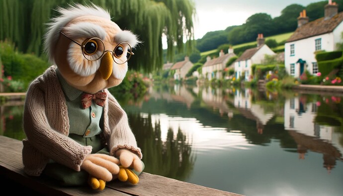 DALL·E 2023-09-30 18.43.43 - Wholesome puppet scene capturing Paul, an elderly owl puppet with a gentle expression, perched near the edge of the 'pondering pond'. The reflective w