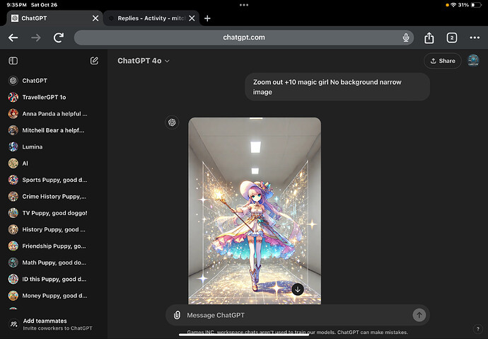 The image depicts a colorful, magical girl character holding a staff, surrounded by sparkling effects, displayed in a narrow hallway setting. (Captioned by AI)