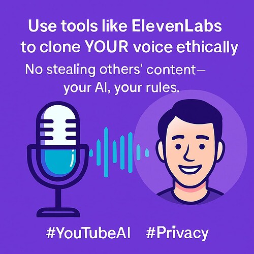 The image promotes ethical voice cloning using tools like ElevenLabs, emphasizing "your AI, your rules," alongside illustrations of a microphone, sound waves, and a smiling person. (Captioned by AI)