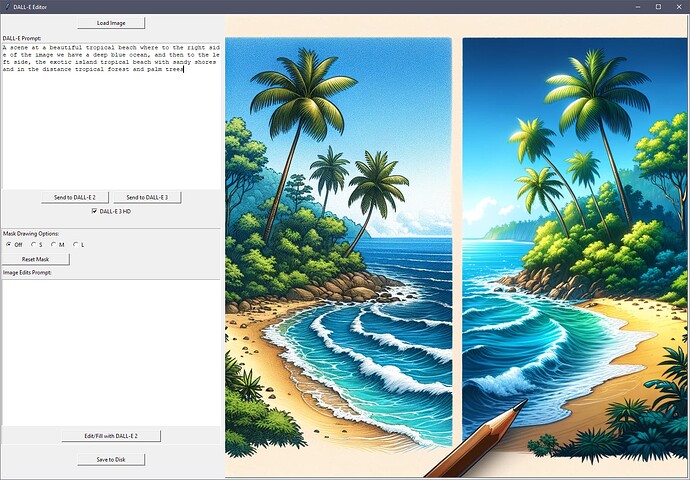 A digital artwork depicts a vibrant tropical beach scene with lush palm trees, azure ocean waves, and a sandy shore, featured in a split-screen layout. (Captioned by AI)