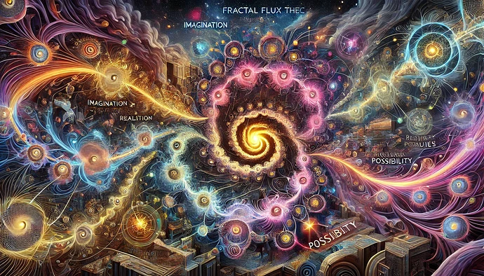 A vibrant and intricate psychedelic artwork features swirling fractal patterns, cosmic elements, and words like "imagination," "reality," and "possibility," creating an abstract, dreamlike composition. (Captioned by AI)