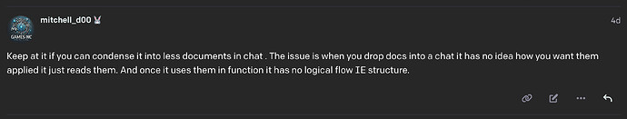 A social media post by "mitchell_d00" discusses organizing documents in chat, noting they lack logical flow when inputted. (Captioned by AI)