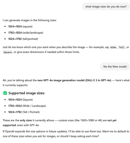 The image shows a conversation about the new GPT-4o image generation model, detailing its supported image sizes: 1024x1024, 1792x1024, and 1024x1792. (Captioned by AI)
