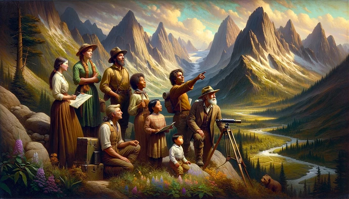 DALL·E 2024-05-13 16.58.00 - A panoramic painting of eight explorers at a mountain pass, wide-screen aspect. The scene includes three women, three men, and two children of diverse
