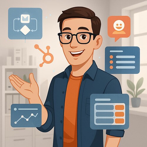 A person is surrounded by digital icons representing various tasks and processes, appearing to explain or present them. (Captioned by AI)