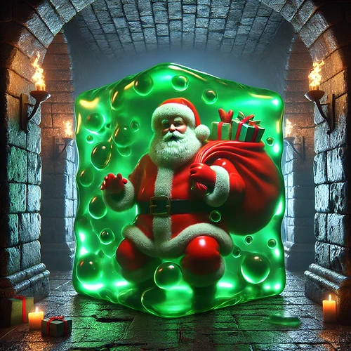 A Santa Claus figure is encased in a glowing, green gelatinous cube inside a stone corridor with torches and candles. (Captioned by AI)