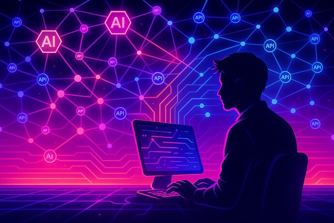 A person sits at a computer, surrounded by a vibrant digital network representing AI and API connections. (Captioned by AI)