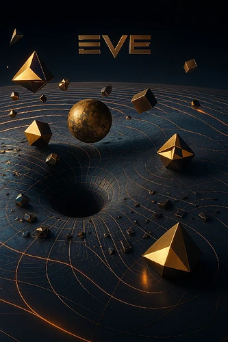 A surreal scene featuring floating geometric shapes and a spherical object suspended above a black hole, with the word "EVE" above. (Captioned by AI)