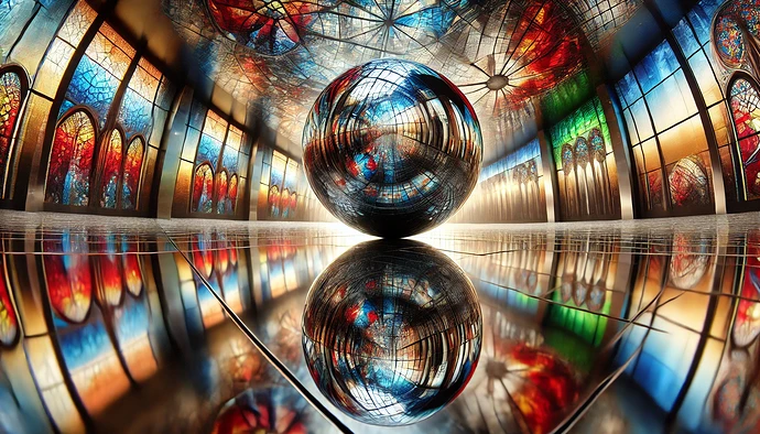 DALL·E 2025-08-24 00.05.02 - A hyper-realistic wide image of a mirrored room with highly reflective walls and floor, creating infinite reflections. In the center, a large chrome s