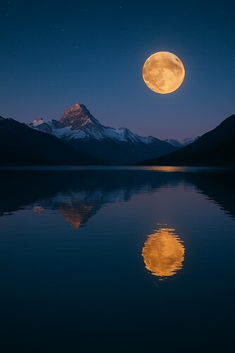 A full moon rises over a snow-capped mountain range, casting its reflection on the calm surface of a lake below. (Captioned by AI)