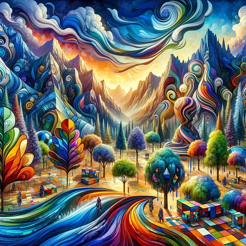 A vibrant, surreal landscape features swirling mountains, colorful trees, and a dynamic, rainbow river with abstract patterns throughout. (Captioned by AI)