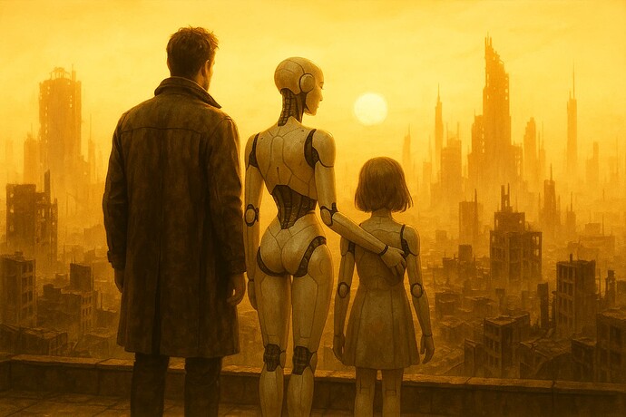 A man, a humanoid robot, and a young girl stand together on a rooftop, looking out over a post-apocalyptic cityscape bathed in an orange glow. (Captioned by AI)