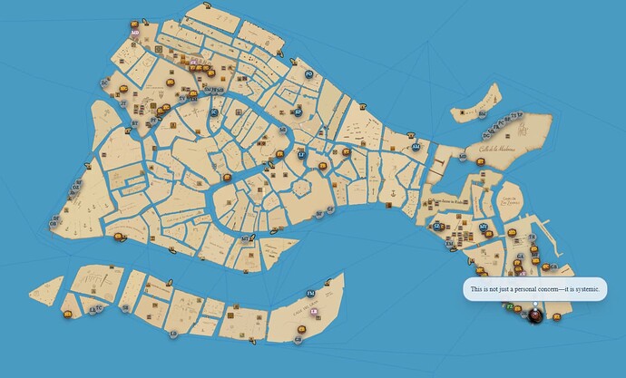 A stylized digital map of Venice displays various icons and labels marking points of interest, with a dialogue box in the bottom right stating, "This is not just a personal concern—it is systemic." (Captioned by AI)
