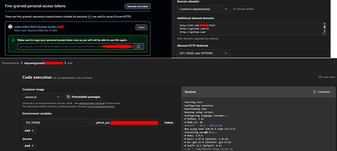 The image shows a development environment setup, including generating a fine-grained GitHub personal access token, setting environment variables with the token, specifying domain allowlists, and a terminal window displaying setup logs and runtime configurations. (Captioned by AI)