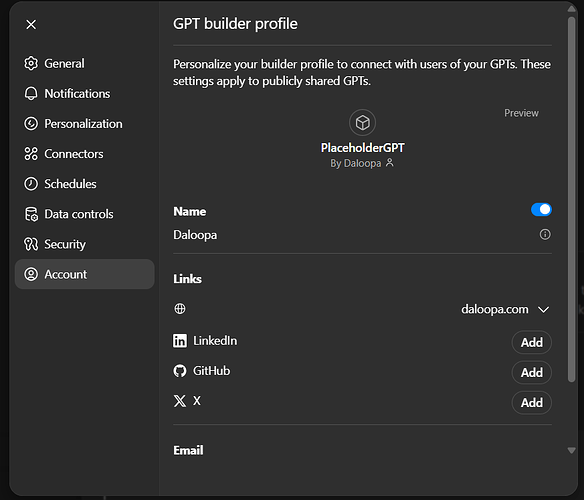 The image shows the 'GPT builder profile' settings screen, displaying profile personalization options, account links, and general navigation categories on the left panel. (Captioned by AI)