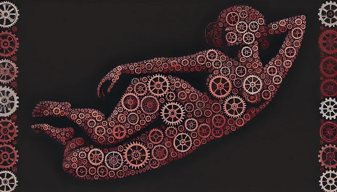 The image depicts a reclining human figure composed of interlocking gears in various shades of red and brown on a dark background. (Captioned by AI)