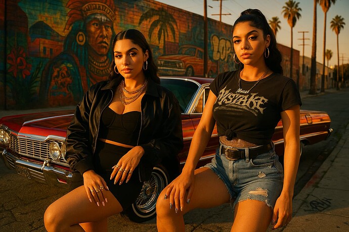 Two women pose confidently in front of a classic car and a mural on a sunlit street. (Captioned by AI)