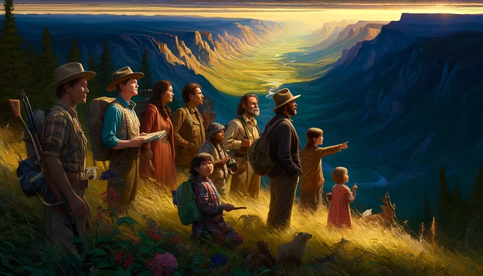 DALL·E 2024-05-13 16.55.14 - A panoramic landscape painting depicting eight diverse explorers in a rugged mountainous terrain, slightly off-center, looking towards a vast valley.