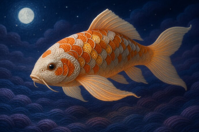 A koi fish with orange and white scales appears to be made of textured yarn, swimming through stylized, purple waves under a moonlit night sky. (Captioned by AI)