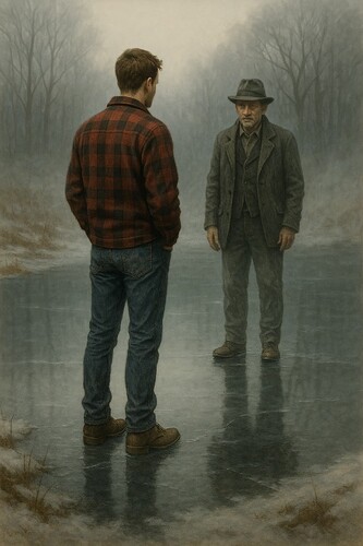 Two men, one in a plaid shirt and jeans and the other in a suit with a hat, stand facing each other on a foggy, frozen pond surrounded by bare trees. (Captioned by AI)