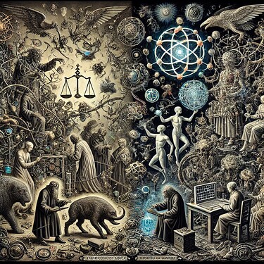 A fantastical and surreal scene is divided into two contrasting halves, with one side symbolizing chaos and traditional science and the other side representing order, technology, and futuristic human evolution, filled with intricate details and mythical creatures. (Captioned by AI)