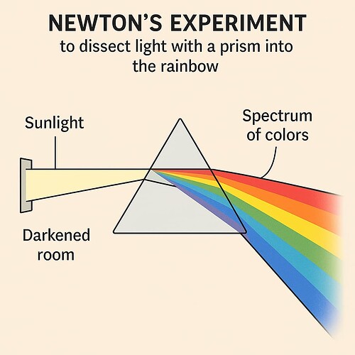 The image illustrates Newton's experiment where sunlight passes through a prism in a darkened room, resulting in a spectrum of colors. (Captioned by AI)