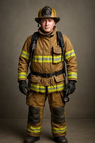 A firefighter is standing in full protective gear, including a helmet, gloves, and reflective-striped uniform, against a neutral background. (Captioned by AI)