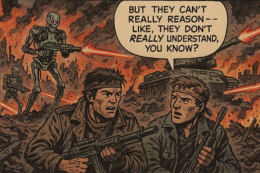 Two soldiers crouch in a war-torn, burning landscape as laser-firing robots and a tank attack, while one explains that the machines cannot truly reason or understand. (Captioned by AI)