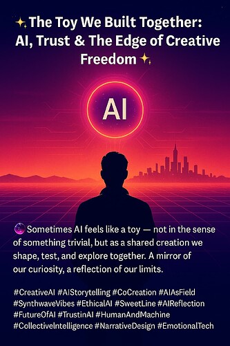 A digital artwork features a silhouette gazing at a glowing 'AI' orb over a futuristic cityscape, with text discussing AI as a co-created tool for exploration and creativity, accompanied by related hashtags. (Captioned by AI)