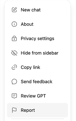 This image shows a menu with options such as "New chat," "About," "Privacy settings," "Hide from sidebar," "Copy link," "Send feedback," "Review GPT," and "Report." (Captioned by AI)