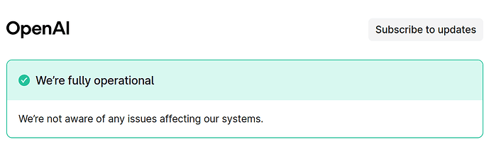 The image shows an OpenAI status page indicating that all systems are fully operational with no known issues. (Captioned by AI)