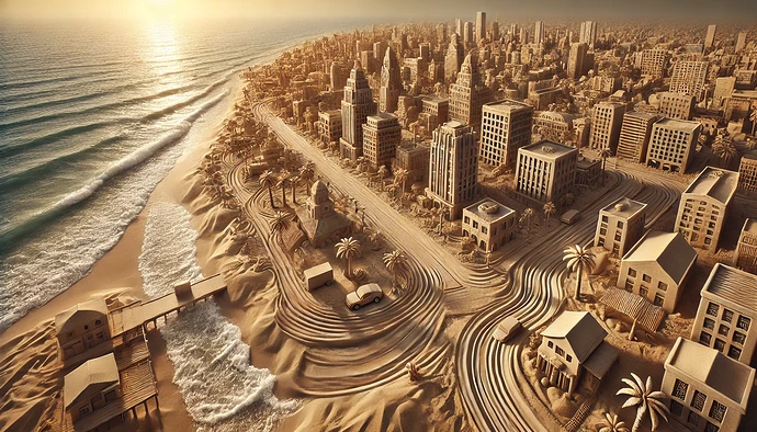 DALL·E 2024-11-02 11.32.23 - A detailed, widescreen aerial photograph of a small beach city (SBC) built entirely out of sand. The scene captures intricate sand structures resembli