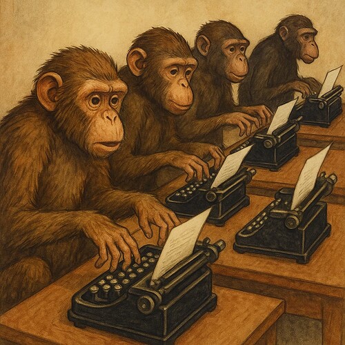 Four chimpanzees are sitting at desks, each using a typewriter. (Captioned by AI)