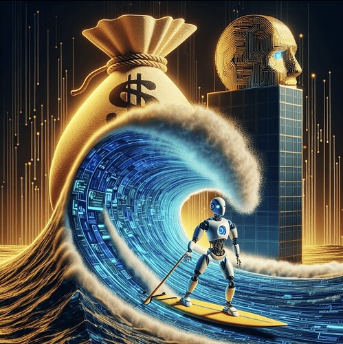 A robot surfs a digital wave in front of a giant money bag and a golden cybernetic head, symbolizing the intersection of technology, artificial intelligence, and financial success. (Captioned by AI)