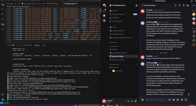 The image shows a dual-monitor setup with Visual Studio Code displaying log files and code on the left side, and a Discord chat window in "The Brotherhood" server discussing topics around dreams, self-reflection, and creativity on the right side. (Captioned by AI)
