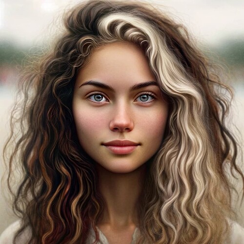 A woman with multicolored curly hair, featuring a prominent white streak, is looking directly at the camera with a neutral expression. (Captioned by AI)