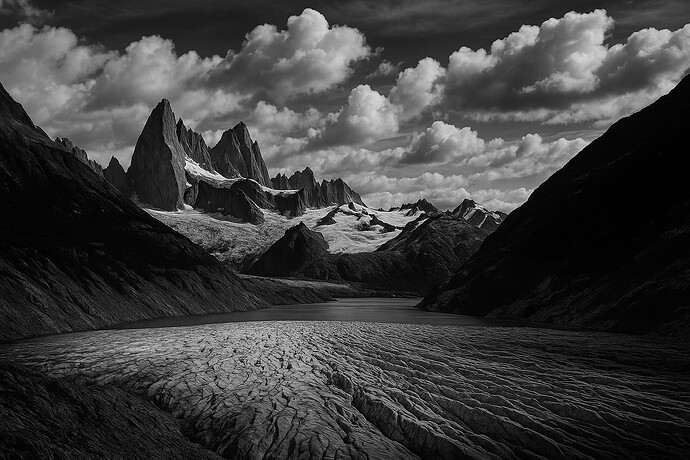 A dramatic black and white landscape shows jagged mountain peaks, a glacier flowing into a valley, and moody clouds filling the sky. (Captioned by AI)
