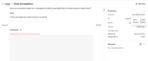 A screenshot of a chat completion log interface shows a JSON error message, with details about tokens, model, and configuration properties on the right side. (Captioned by AI)
