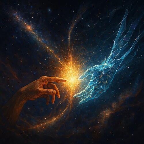 A human hand and a digital, geometric hand reach towards each other in a cosmic backdrop, connected by a glowing energy. (Captioned by AI)