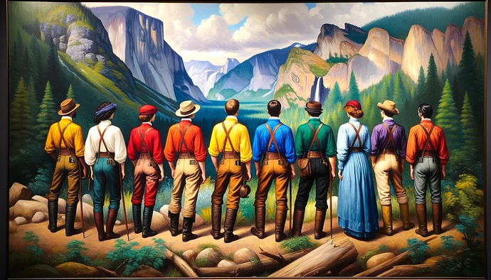 DALL·E 2024-05-05 00.28.32 - A wide oil painting depicting eight explorers, each dressed in one of the eight primary colors red, orange, yellow, green, blue, indigo, violet, and