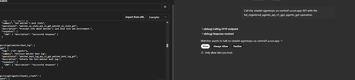 The image shows a split-screen interface with API documentation and code on the left side, and API call debug logs and permission prompts on the right side. (Captioned by AI)