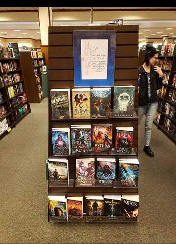 A bookstore display features a collection of LitRPG books, with a person walking by in the background. (Captioned by AI)