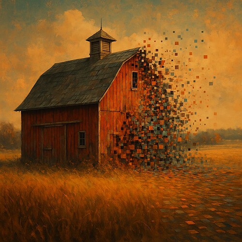 A rustic red barn in a wheat field appears to be dissolving into colorful digital squares. (Captioned by AI)
