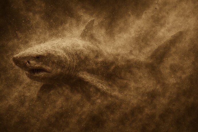 A shark swims through murky, sepia-toned water with sand or sediment stirred up around it. (Captioned by AI)